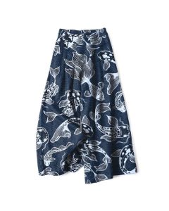 Buddha Stones Cotton Linen Artistic Koi Pond Pattern Women's Elastic Waist Wide Leg Pants With Pockets - Navy / US4，UK/AU8，EU36 (S)