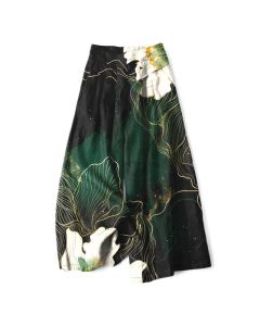 Buddha Stones Cotton Linen Artistic White Floral Pattern Women's Elastic Waist Wide Leg Pants With Pockets - ForestGreen / US4，UK/AU8，EU36 (S)