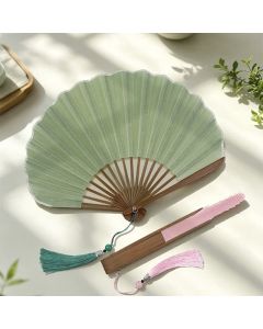 Buddha Stones Cotton Linen Bamboo Shell-shaped Tassel Folding Fan 21.5 cm - Olive Green(Closed Size: Approx. 21.5 cm / 8.5 in)