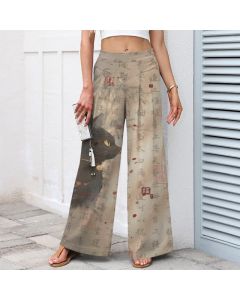 Buddha Stones Cotton Linen Calligraphy Cat Pattern Women's Elastic Waist Wide Leg Pants With Pockets - LightSteelBlue / US14，UK/AU18，EU46 (2XL)