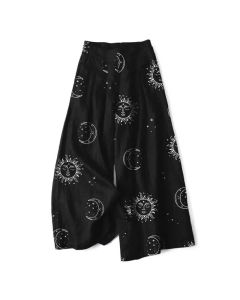 Buddha Stones Cotton Linen Celestial Sun Moon Pattern Women's Elastic Waist Wide Leg Pants With Pockets - Black / US4，UK/AU8，EU36 (S)