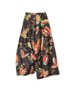 Buddha Stones Cotton Linen Colorful Butterfly Pattern Women's Elastic Waist Wide Leg Pants With Pockets - Teal / US4，UK/AU8，EU36 (S)