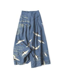 Buddha Stones Cotton Linen Crane Cloud Pattern Women's Elastic Waist Wide Leg Pants With Pockets - MediumAquamarine / US16，UK/AU20，EU48 (3XL)
