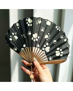 Buddha Stones Cotton Linen Dog Cat Paw Print Bamboo Folding Fan 21.5 cm - Black / Closed Size: Approx. 21.5 cm / 8.5 in
