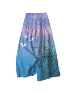 Buddha Stones Cotton Linen Gradient Crane Reed Pattern Women's Elastic Waist Wide Leg Pants With Pockets - Turquoise / US4，UK/AU8，EU36 (S)