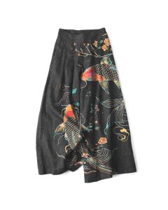Buddha Stones Cotton Linen Koi Fish Floral Pattern Women's Elastic Waist Wide Leg Pants With Pockets - Navy / US6，UK/AU10，EU38 (M)
