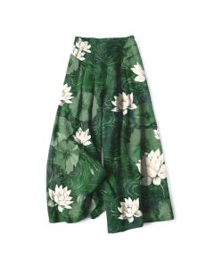Buddha Stones Cotton Linen Lotus Leaf Floral Pattern Women's Elastic Waist Wide Leg Pants With Pockets - SeaGreen / US4，UK/AU8，EU36 (S)