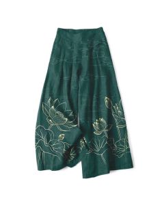 Buddha Stones Cotton Linen Lotus Line Art Pattern Women's Elastic Waist Wide Leg Pants With Pockets - SteelBlue / US16，UK/AU20，EU48 (3XL)