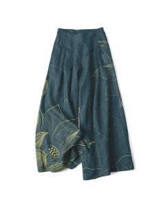 Buddha Stones Cotton Linen Lotus Line Art Pattern Women's Elastic Waist Wide Leg Pants With Pockets - Black / US16，UK/AU20，EU48 (3XL)