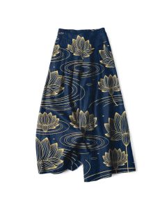 Buddha Stones Cotton Linen Lotus Ripple Pattern Women's Elastic Waist Wide Leg Pants With Pockets - DarkOliveGreen / US8-10，UK/AU12-14，EU40-42 (L)