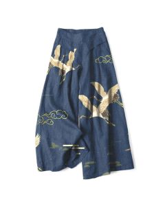Buddha Stones Cotton Linen Oriental Crane Cloud Pattern Women's Elastic Waist Wide Leg Pants With Pockets - Teal / US4，UK/AU8，EU36 (S)