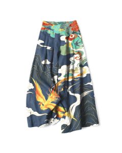 Buddha Stones Cotton Linen Phoenix Cloud Pattern Women's Elastic Waist Wide Leg Pants With Pockets - Teal / US4，UK/AU8，EU36 (S)