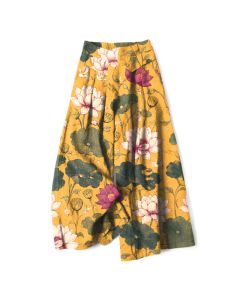 Buddha Stones Cotton Linen Tropical Lotus Bloom Pattern Women's Elastic Waist Wide Leg Pants With Pockets - YellowGreen / US4，UK/AU8，EU36 (S)