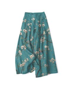 Buddha Stones Cotton Linen Vintage Floral Bird Pattern Women's Elastic Waist Wide Leg Pants With Pockets - MediumTurquoise / US4，UK/AU8，EU36 (S)