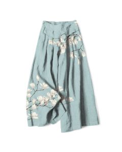 Buddha Stones Cotton Linen Vintage Floral Pattern Women's Elastic Waist Wide Leg Pants With Pockets - LightBlue / US16，UK/AU20，EU48 (3XL)