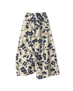 Buddha Stones Cotton Linen Vintage Indigo Floral Pattern Women's Elastic Waist Wide Leg Pants With Pockets - PaleTurquoise / US4，UK/AU8，EU36 (S)
