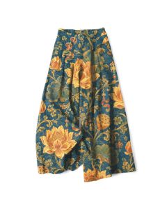 Buddha Stones Cotton Linen Vintage Lotus Floral Pattern Women's Elastic Waist Wide Leg Pants With Pockets - Teal / US4，UK/AU8，EU36 (S)