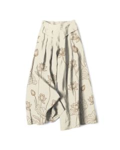 Buddha Stones Cotton Linen Vintage Lotus Line Art Pattern Women's Elastic Waist Wide Leg Pants With Pockets - Beige / US4，UK/AU8，EU36 (S)