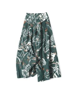 Buddha Stones Cotton Linen Vintage White Floral Pattern Women's Elastic Waist Wide Leg Pants With Pockets - Teal / US4，UK/AU8，EU36 (S)
