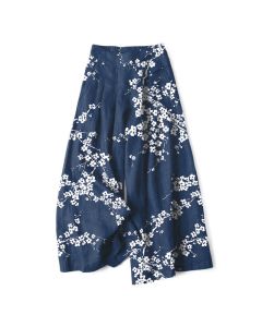 Buddha Stones Cotton Linen White Sakura Branch Pattern Women's Elastic Waist Wide Leg Pants With Pockets - DimGray / US16，UK/AU20，EU48 (3XL)