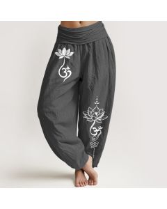 Buddha Stones Cotton Lotus Flower Om Pattern Women's Elastic Waist Harem Pants - OliveDrab / US8-10，UK/AU12-14，EU40-42 (L)