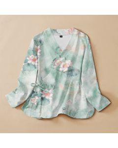 Buddha Stones Cotton Lotus Blossom Print Hanfu Style Wrap V-Neck Lace-up Women's Long Sleeve Shirts Kimono - PaleTurquoise / US4，UK/AU8，EU36 (S)
