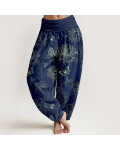 Buddha Stones Cotton Lotus Butterfly Sketch Pattern Women's Elastic Waist Harem Pants - Navy / US2，UK/AU6，EU34 (XS)