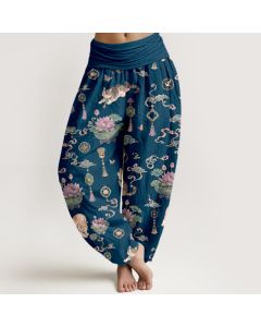 Buddha Stones Cotton Lotus Cat Tassel Pattern Women's Elastic Waist Harem Pants - Navy / US2，UK/AU6，EU34 (XS)