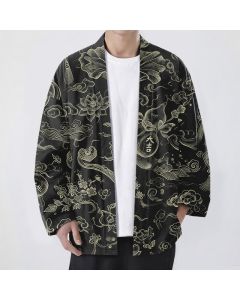 Buddha Stones Cotton Lotus Cloud Linework Pattern Open Front Men's Kimono - Black / US/UK/AU38，EU48 (M)