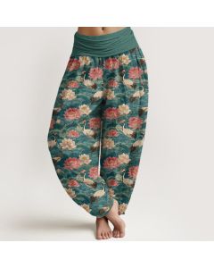 Buddha Stones Cotton Lotus Crane Pattern Women's Elastic Waist Harem Pants - MediumSeaGreen / US16，UK/AU20，EU48 (3XL)