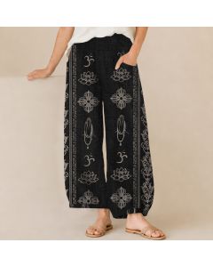 Buddha Stones Cotton Lotus Double Dorje Vajra Namaste Om Pattern Pleated Elastic Waist Women's Harem Pants With Pockets - Linen / US12，UK/AU16，EU44 (XL)