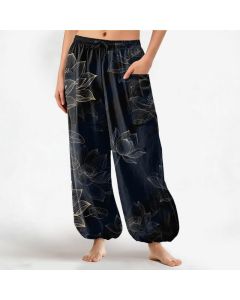 Buddha Stones Cotton Lotus Floral Line Art Pattern Women's Elastic Waist Harem Pants With Side Pockets - Black / US2，UK/AU6，EU34 (XS)