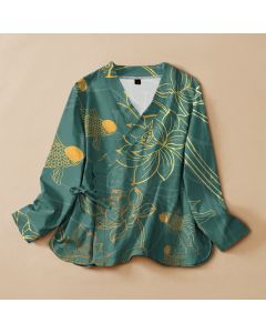 Buddha Stones Cotton Lotus Flower Fish Print Wrap V-Neck Lace-up Women's Long Sleeve Shirts Kimono - Teal / US4，UK/AU8，EU36 (S)