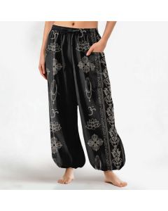 Buddha Stones Cotton Lotus Flowers Double Dorje Vajra Namaste OM Pattern Women's Elastic Waist Harem Pants With Side Pockets - Black / US2，UK/AU6，EU34 (XS)
