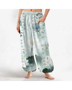 Buddha Stones Cotton Lotus Ink Wash Pattern Women's Elastic Waist Harem Pants With Side Pockets - PaleTurquoise / US2，UK/AU6，EU34 (XS)