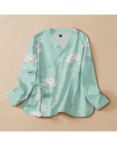 Buddha Stones Cotton Lotus Koi Fish Print Hanfu Style Wrap V-Neck Lace-up Women's Long Sleeve Shirts Kimono - PaleTurquoise / US4，UK/AU8，EU36 (S)