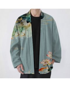 Buddha Stones Cotton Lotus Koi Ink Cloud Pattern Open Front Men's Kimono - CadetBlue / US/UK/AU38，EU48 (M)
