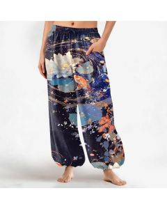 Buddha Stones Cotton Lotus Koi Watercolor Pattern Women's Elastic Waist Harem Pants With Side Pockets - Teal / US2，UK/AU6，EU34 (XS)