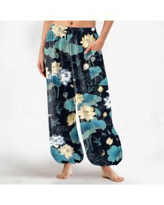 Buddha Stones Cotton Lotus Leaf Blossom Pattern Women's Elastic Waist Harem Pants With Side Pockets - Black / US2，UK/AU6，EU34 (XS)