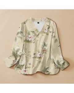 Buddha Stones Cotton Lotus Leaf Butterfly Print Hanfu Style Wrap V-Neck Lace-up Women's Long Sleeve Shirts Kimono - LightGoldenrodYellow / US4,UK/AU8,EU36 (S)