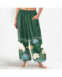 Buddha Stones Cotton Lotus Leaf Wave Pattern Women's Elastic Waist Harem Pants With Side Pockets - ForestGreen / US2，UK/AU6，EU34 (XS)