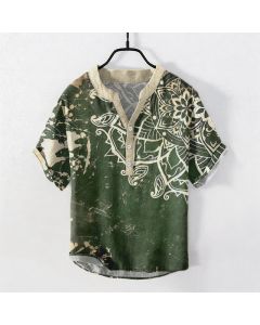 Buddha Stones Cotton Lotus Mandala Emblem Men's Short Sleeve Half Button Shirt - SteelBlue / US/UK/AU50，EU60 (5XL)