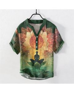 Buddha Stones Cotton Lotus Meditating Figure Pattern Men's Short Sleeve Half Button Shirt - LightSeaGreen / US/UK/AU50，EU60 (5XL)