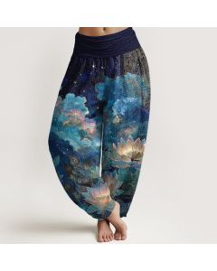 Buddha Stones Cotton Lotus Night Sky Pattern Women's Elastic Waist Harem Pants - Black / US16，UK/AU20，EU48 (3XL)