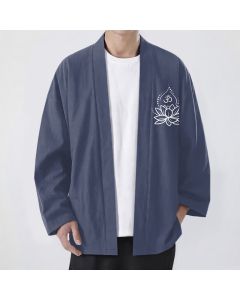Buddha Stones Cotton Lotus Om Pattern Open Front Men's Kimono - SlateGray / US/UK/AU38，EU48 (M)