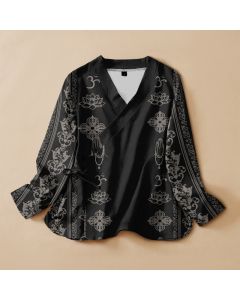 Buddha Stones Cotton Lotus Om Print Hanfu Style Wrap V-Neck Lace-up Women's Long Sleeve Shirts Kimono - Black / US4，UK/AU8，EU36 (S)