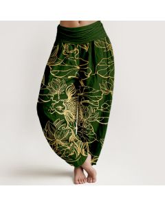 Buddha Stones Cotton Lotus Pond Fish Pattern Women's Elastic Waist Harem Pants - DarkGreen / US2，UK/AU6，EU34 (XS)