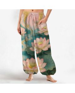 Buddha Stones Cotton Lotus Pond Ink Wash Pattern Women's Elastic Waist Harem Pants With Side Pockets - MediumSeaGreen / US2，UK/AU6，EU34 (XS)