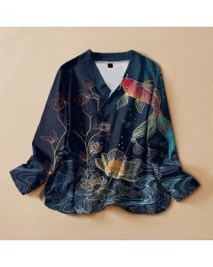 Buddha Stones Cotton Lotus Pond Koi Print Wrap V-Neck Lace-up Women's Long Sleeve Shirts Kimono - Navy / US4，UK/AU8，EU36 (S)