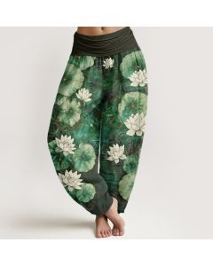 Buddha Stones Cotton Lotus Pond Pattern Women's Elastic Waist Harem Pants - Teal / US2，UK/AU6，EU34 (XS)